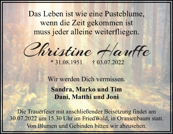 Traueranzeige von Christine Hauffe von Trauerkombi Dessau
