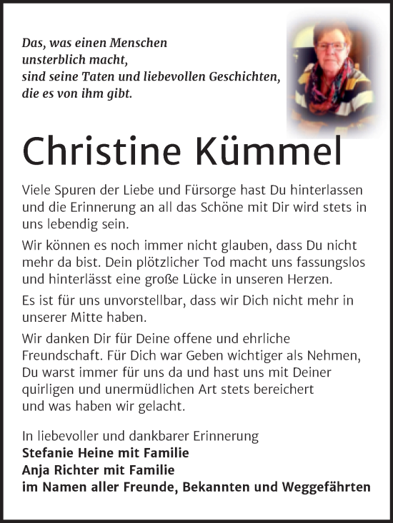Traueranzeige von Christine Kümmel von Trauerkombi Bitterfeld