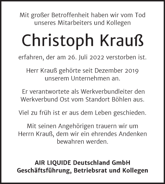 Traueranzeige von Christoph Krauß von Mitteldeutsche Zeitung Zeitz