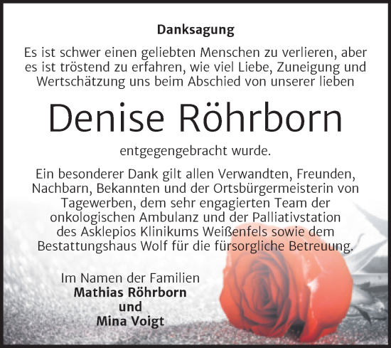 Traueranzeige von Denise Röhrborn von Trauerkombi Weißenfels