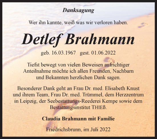Traueranzeige von Detlef Brahmann von Super Sonntag Quedlingburg