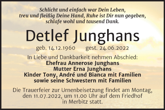 Traueranzeige von Detlef Junghans von Mitteldeutsche Zeitung Halle/Saalkreis