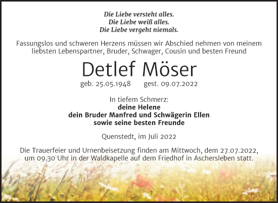 Traueranzeige von Detlef Möser von Trauerkombi Mansfelder Land