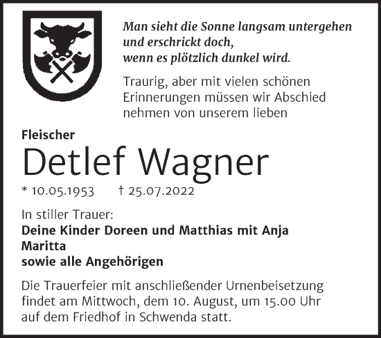 Traueranzeige von Detlef Wagner von Trauerkombi Sangerhausen