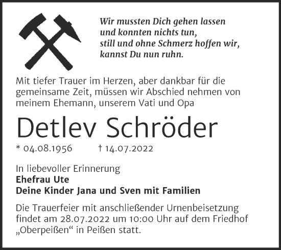 Traueranzeige von Detlev Schröder von Trauerkombi Bernburg