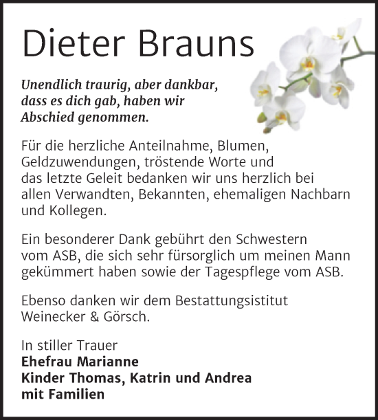 Traueranzeige von Dieter Brauns von Trauerkombi Bernburg
