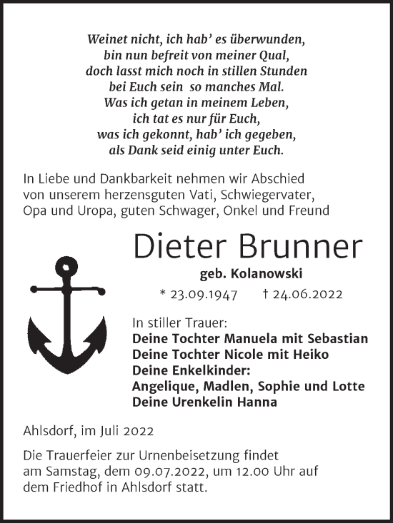Traueranzeige von Dieter Brunner von Trauerkombi Mansfelder Land