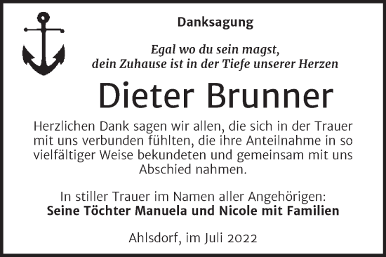 Traueranzeige von Dieter Brunner von Trauerkombi Mansfelder Land