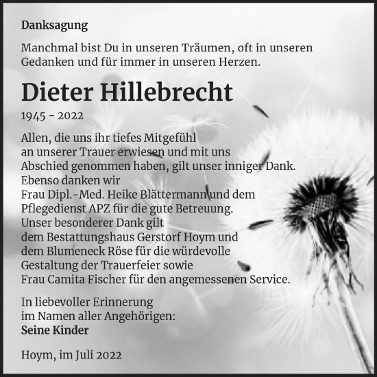 Traueranzeige von Dieter Hillebrecht von Trauerkombi Aschersleben