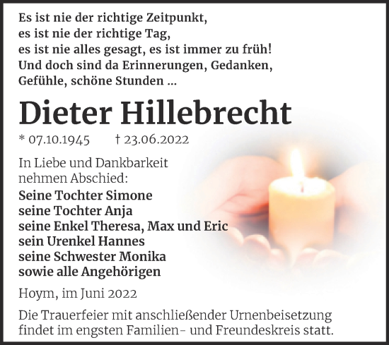 Traueranzeige von Dieter Hillebrecht von Trauerkombi Aschersleben