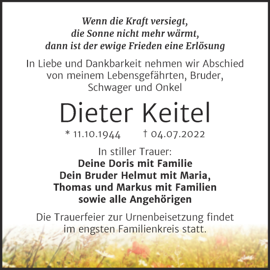 Traueranzeige von Dieter Keitel von Trauerkombi Mansfelder Land
