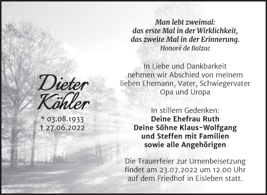 Traueranzeige von Dieter Köhler von Trauerkombi Mansfelder Land