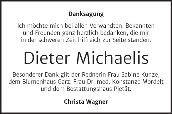 Traueranzeige von Dieter Michaelis von Trauerkombi Wittenberg