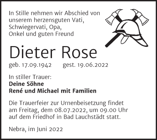 Traueranzeige von Dieter Rose von Super Sonntag Naumburg/Nebra