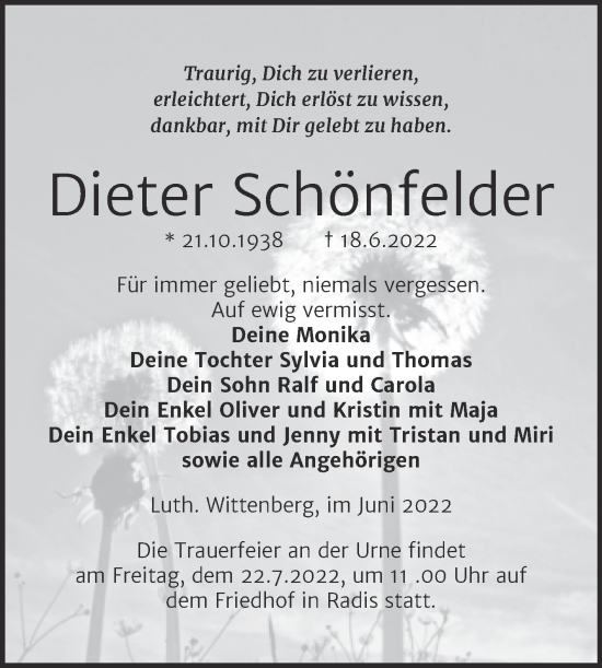 Traueranzeige von Dieter Schönfelder von Trauerkombi Wittenberg