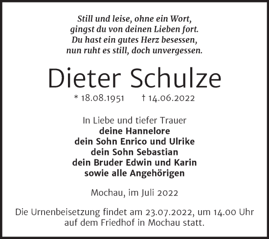 Traueranzeige von Dieter Schulze von Trauerkombi Wittenberg