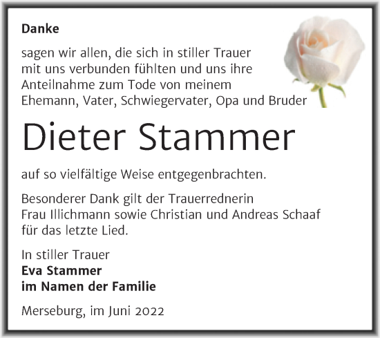 Traueranzeige von Dieter Stammer von Trauerkombi Merseburg