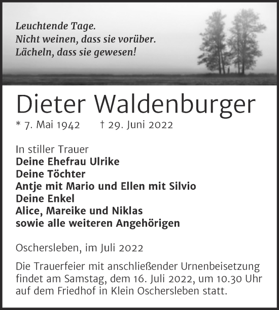 Traueranzeige von Dieter Waldenburger von Mitteldeutsche Zeitung Halle/Saalkreis