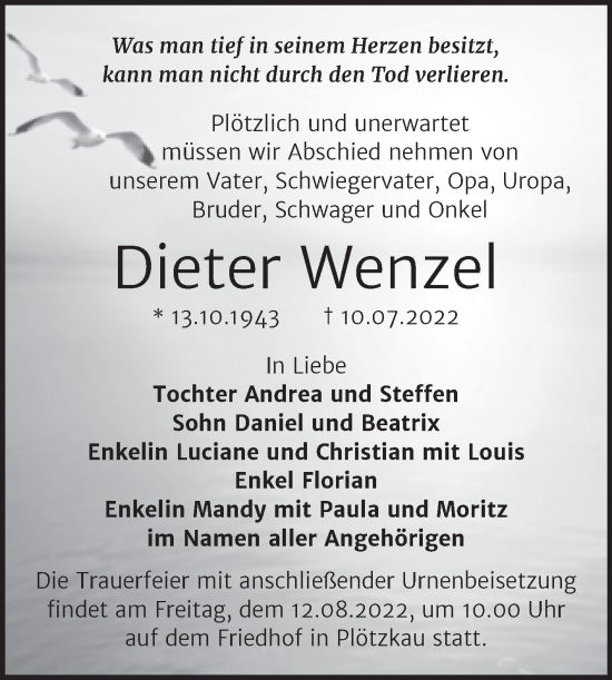 Traueranzeige von Dieter Wenzel von Trauerkombi Bernburg
