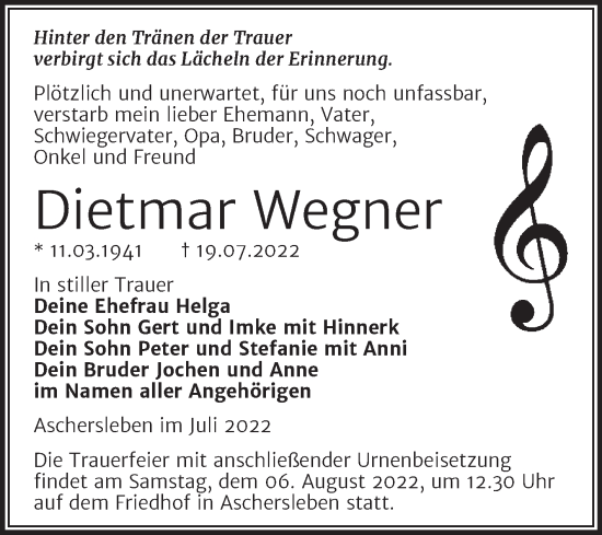 Traueranzeige von Dietmar Wegner von Trauerkombi Aschersleben