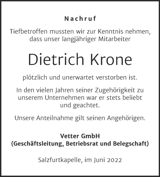 Traueranzeige von Dietrich Krone von Mitteldeutsche Zeitung Köthen