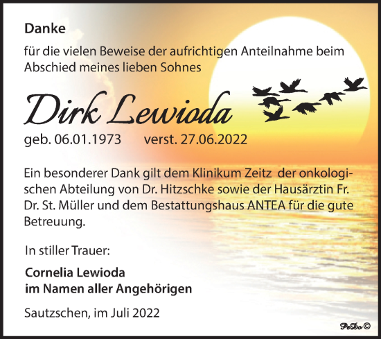 Traueranzeige von Dirk Lewioda von Trauerkombi Zeitz