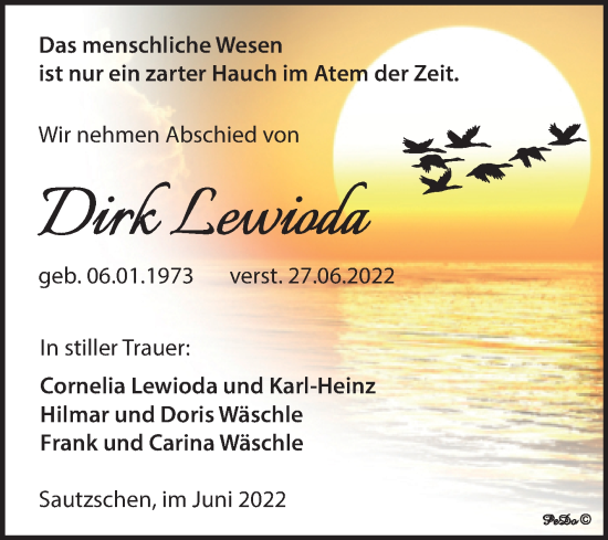 Traueranzeige von Dirk Lewioda von Trauerkombi Zeitz