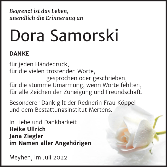 Traueranzeige von Dora Samorski von Wochenspiegel Naumburg/Nebra