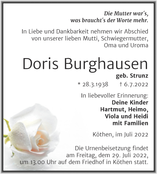 Traueranzeige von Doris  Burghausen von Trauerkombi Köthen