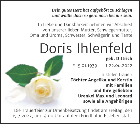 Traueranzeige von Doris Ihlenfeld von Trauerkombi Mansfelder Land