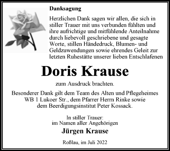 Traueranzeige von Doris Krause von Trauerkombi Dessau