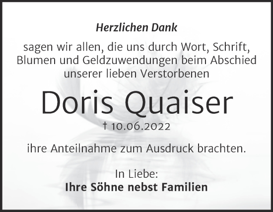 Traueranzeige von Doris Quaiser von Trauerkombi Aschersleben