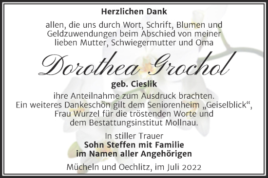 Traueranzeige von Dorothea Grochol von Trauerkombi Merseburg
