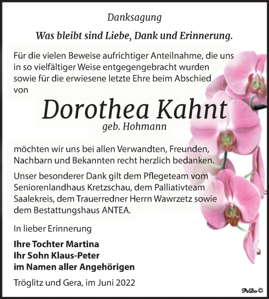 Traueranzeige von Dorothea Kahnt von Trauerkombi Zeitz