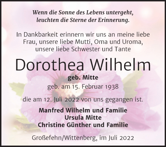 Traueranzeige von Dorothea Wilhelm von Trauerkombi Wittenberg