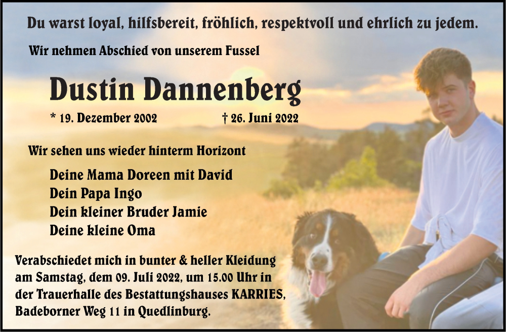  Traueranzeige für Dustin Dannenberg vom 02.07.2022 aus Trauerkombi Quedlinburg