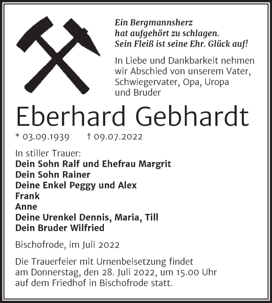 Traueranzeige von Eberhard Gebhardt von Trauerkombi Mansfelder Land