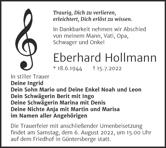 Traueranzeige von Eberhard Hollmann von Trauerkombi Quedlinburg