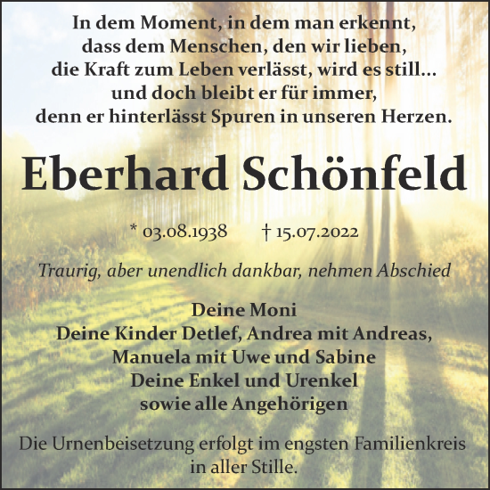 Traueranzeige von Eberhard Schönfeld von Trauerkombi Bitterfeld