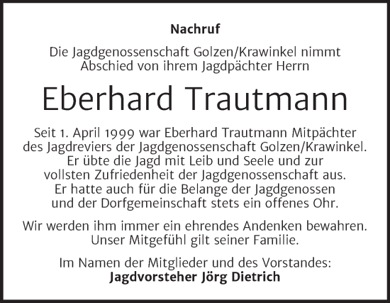 Traueranzeige von Eberhard Trautmann von Wochenspiegel Naumburg/Nebra