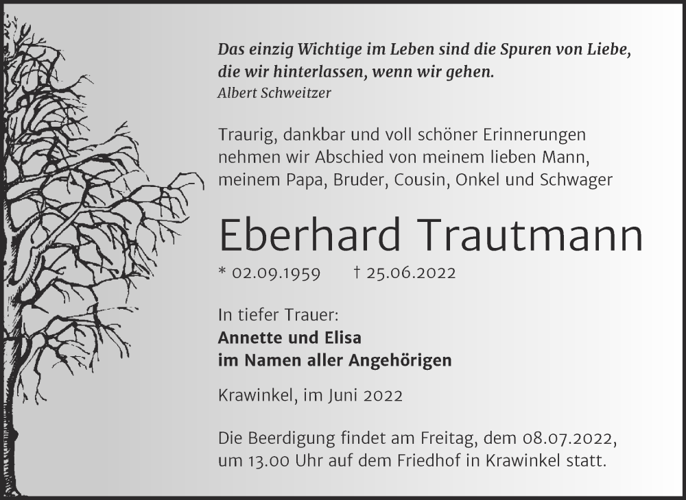  Traueranzeige für Eberhard Trautmann vom 02.07.2022 aus Naumburger Tageblatt