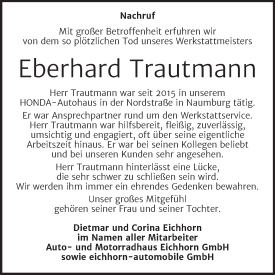 Traueranzeige von Eberhard Trautmann von Naumburger Tageblatt