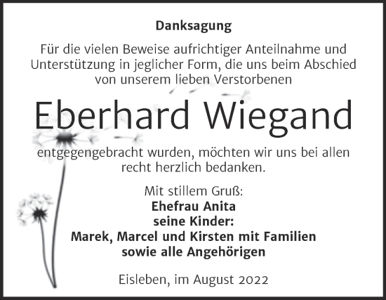 Traueranzeige von Eberhard Wiegand von Trauerkombi Mansfelder Land