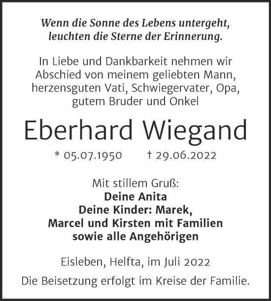 Traueranzeige von Eberhard Wiegand von Trauerkombi Mansfelder Land