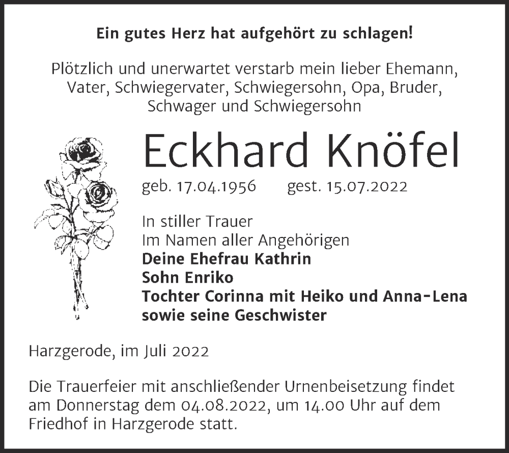  Traueranzeige für Eckhard Knöfel vom 23.07.2022 aus Super Sonntag Quedlingburg