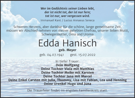 Traueranzeige von Edda Hanisch von Trauerkombi Wittenberg