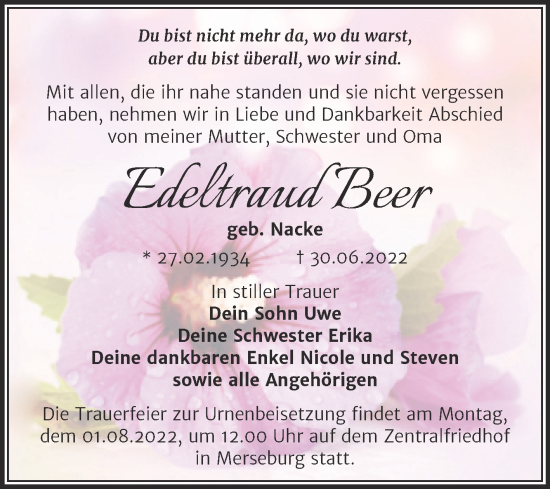 Traueranzeige von Edeltraud Beer von Trauerkombi Merseburg