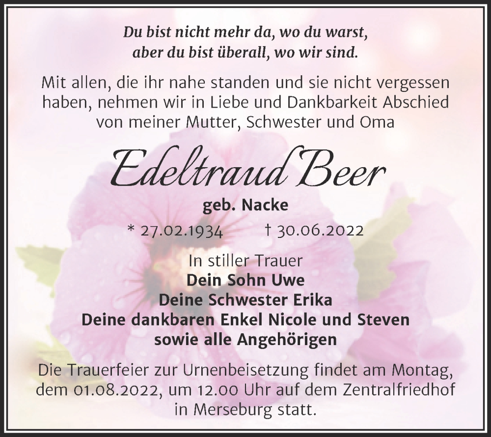  Traueranzeige für Edeltraud Beer vom 23.07.2022 aus Trauerkombi Merseburg