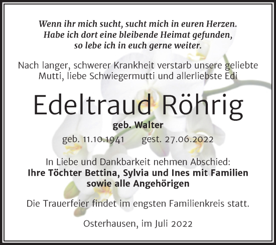 Traueranzeige von Edeltraud Röhrig von Trauerkombi Mansfelder Land