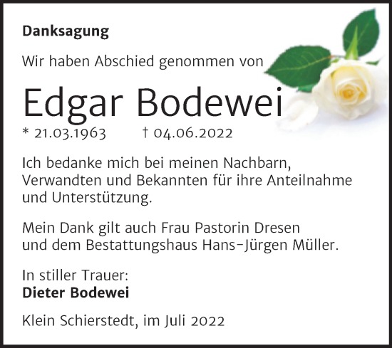 Traueranzeige von Edgar Bodewei von Trauerkombi Aschersleben